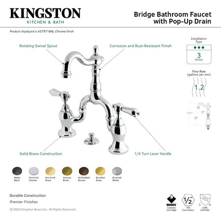 Kingston Brass Bridge Bathroom Faucet with Brass PopUp, Matte Black KS7970BAL